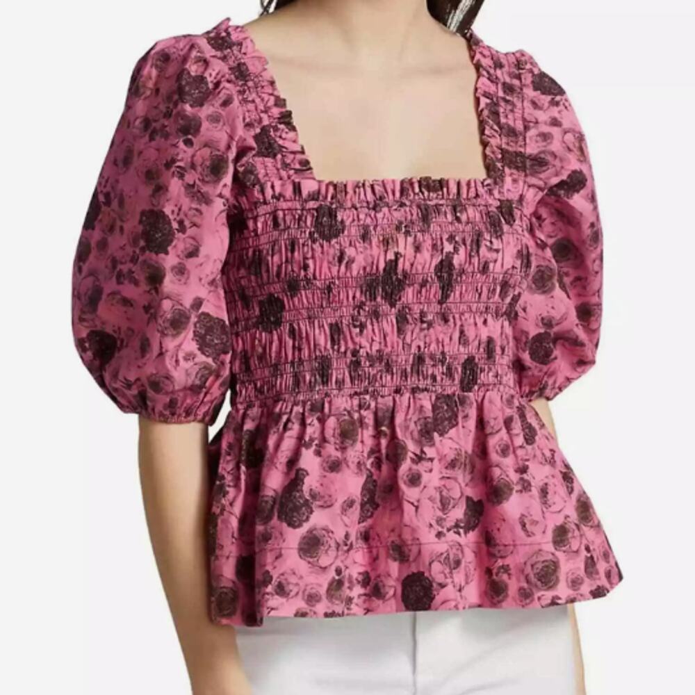 Ganni Pink Watercolor Floral Smocked Blouse 2 Cotton Poplin Puff Sleeve Peplum